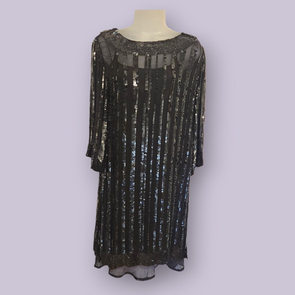 Black Sequin Silk Dress Flapper Art Deco Gatsby Party Shift Cocktail Medium